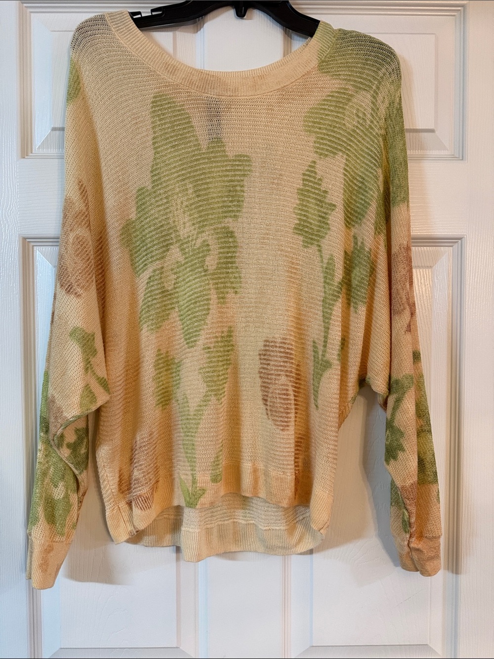 Anthropologie Cream Sweater with Green and Tan Floral Motif